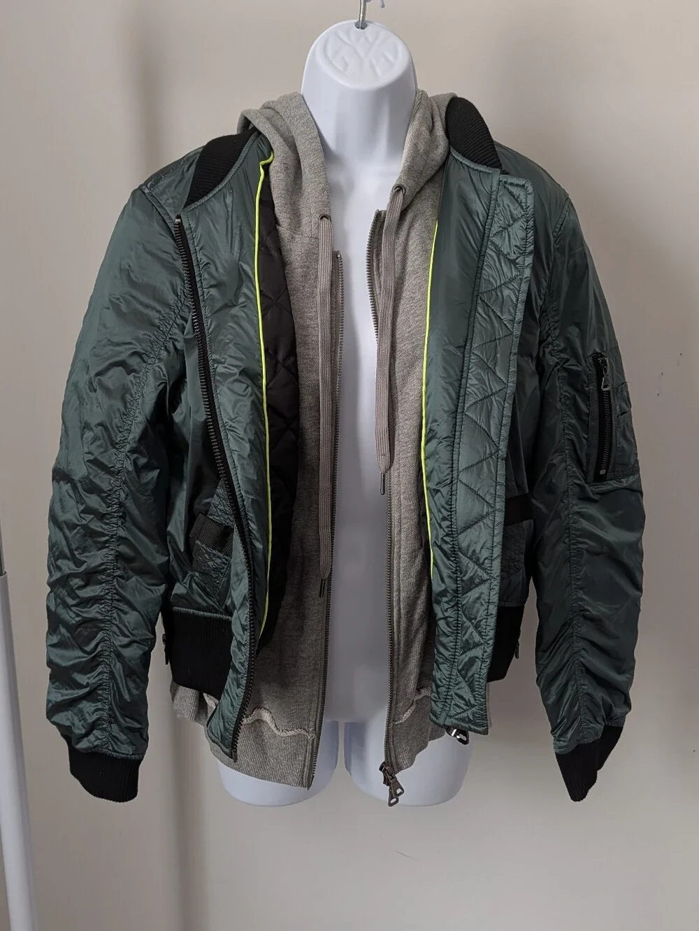 Men's Quilted Bomber Jacket in Deep Green with Grey Hoodie Layer